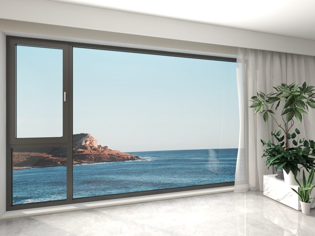 Modern floor-to-ceiling windows with sleek aluminum frames and panoramic views.