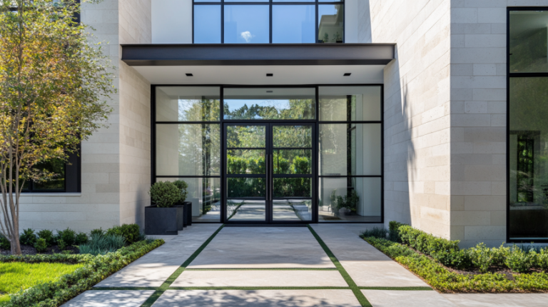 Double front doors in various materials including wood, steel, fiberglass, and aluminum for residential entryways