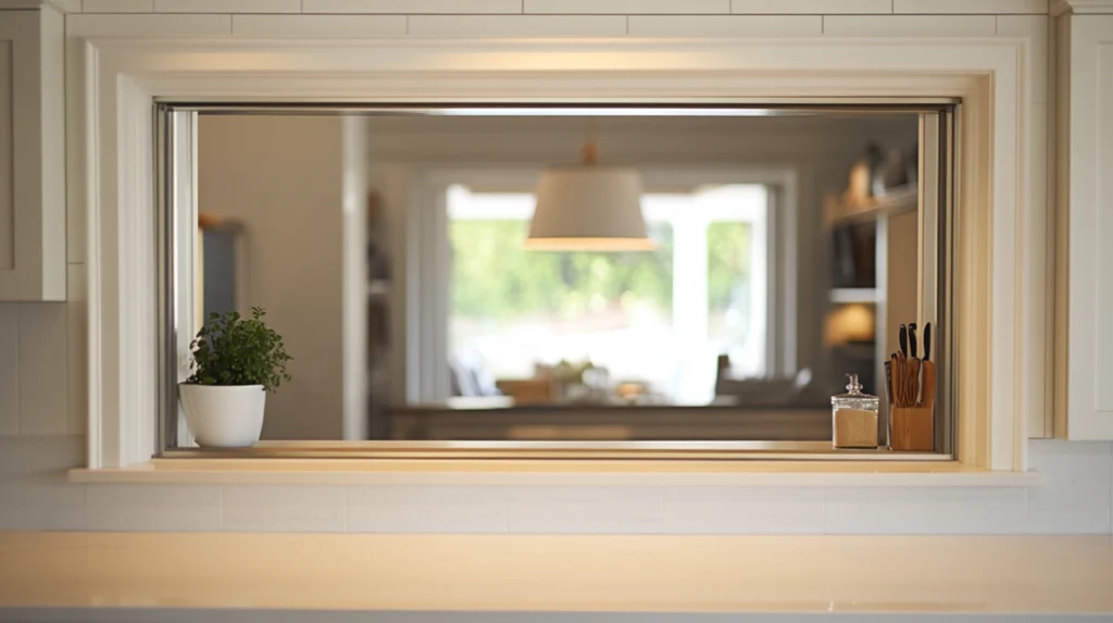 A classic kitchen pass-through window with a white frame, offering a clear view into the dining and living area. The countertop is adorned with small decorative items like a potted plant and utensils.