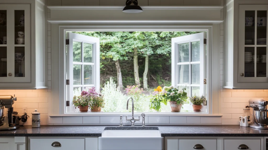 A bright and airy kitchen featuring a large pass-through window with open double panes, overlooking a lush green backyard. The countertop is adorned with potted plants, and a farmhouse sink is centered below the window.
