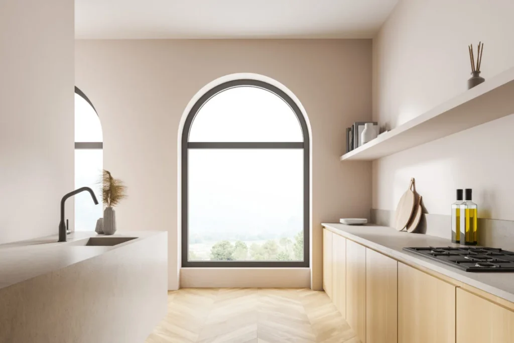 kitchen cabinet, light area with arch windows