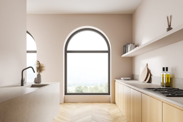 kitchen cabinet, light area with arch windows