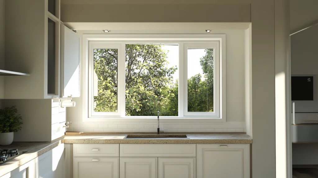 A modern kitchen with a wide pass-through window featuring three glass panels, offering a clear view of lush greenery outside. A sleek countertop and a built-in sink sit below the window.
