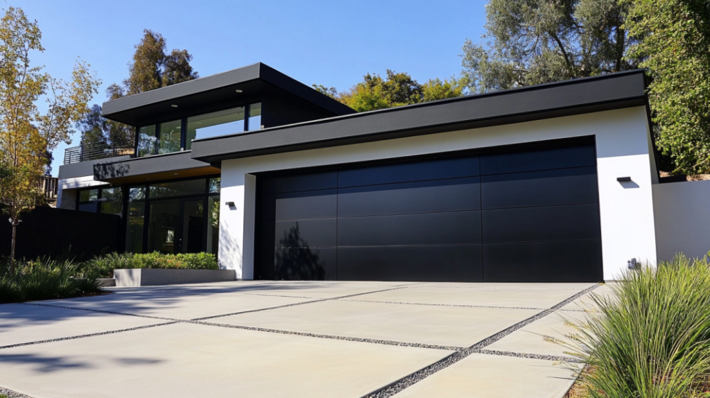 Modern home with a sleek black garage door and minimalist architectural design.