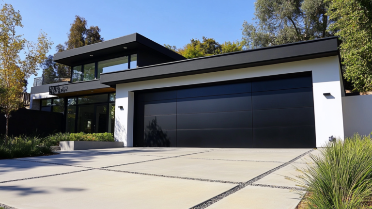Modern home with a sleek black garage door and minimalist architectural design.