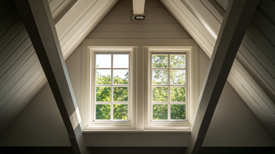 Two dormer windows with white wooden frames, set within a sloped roof structure, overlooking lush greenery outside.