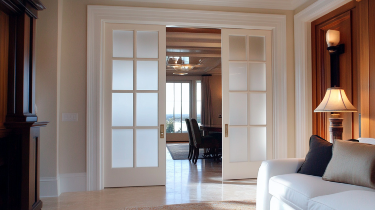 White French frosted glass sliding doors separating a living room and dining area in a sophisticated home interior.