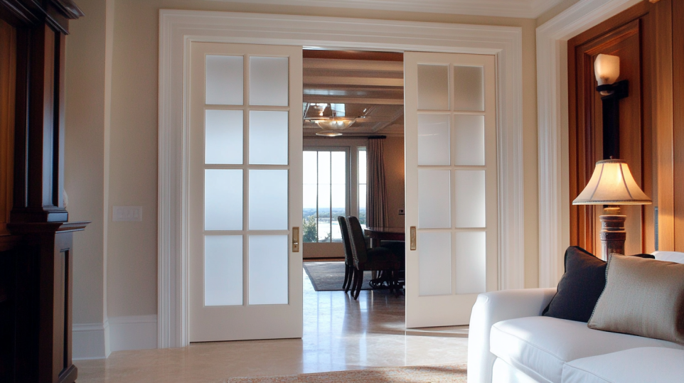 White French frosted glass sliding doors separating a living room and dining area in a sophisticated home interior.