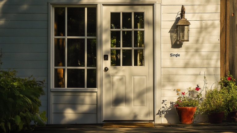 A white single patio door with divided glass panels and a side window, surrounded by a white wooden wall, illuminated by natural sunlight.
