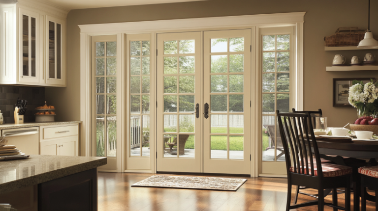 Bright kitchen space with white French doors and sidelights leading to an outdoor wooden deck.
