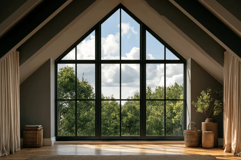 A large, triangular, black-framed window in an attic, looking out onto green trees and a blue sky with white clouds.