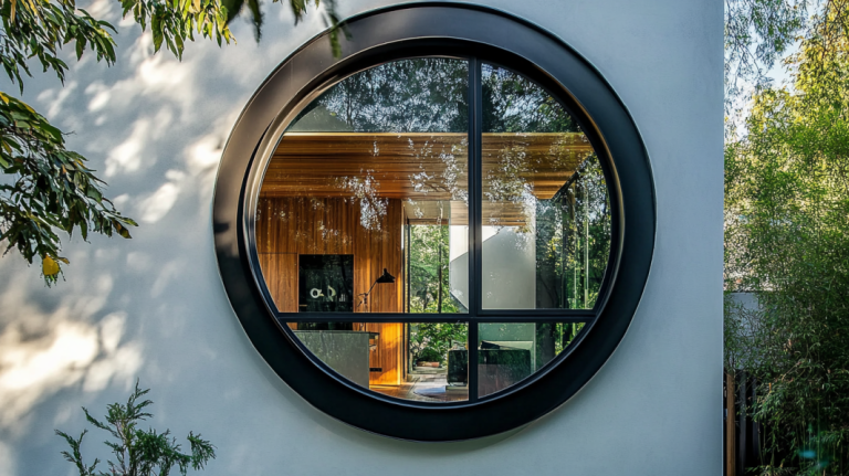 Modern black-framed round window on a white exterior wall, showcasing a stylish interior with natural light and greenery.
