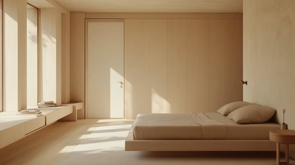 Minimalist flush door design in a modern bedroom with wooden interiors.