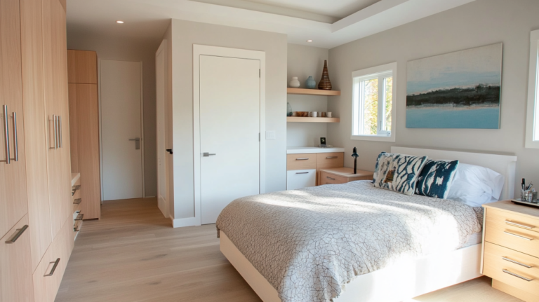 Flush door in a contemporary bedroom featuring wooden storage and neutral decor.