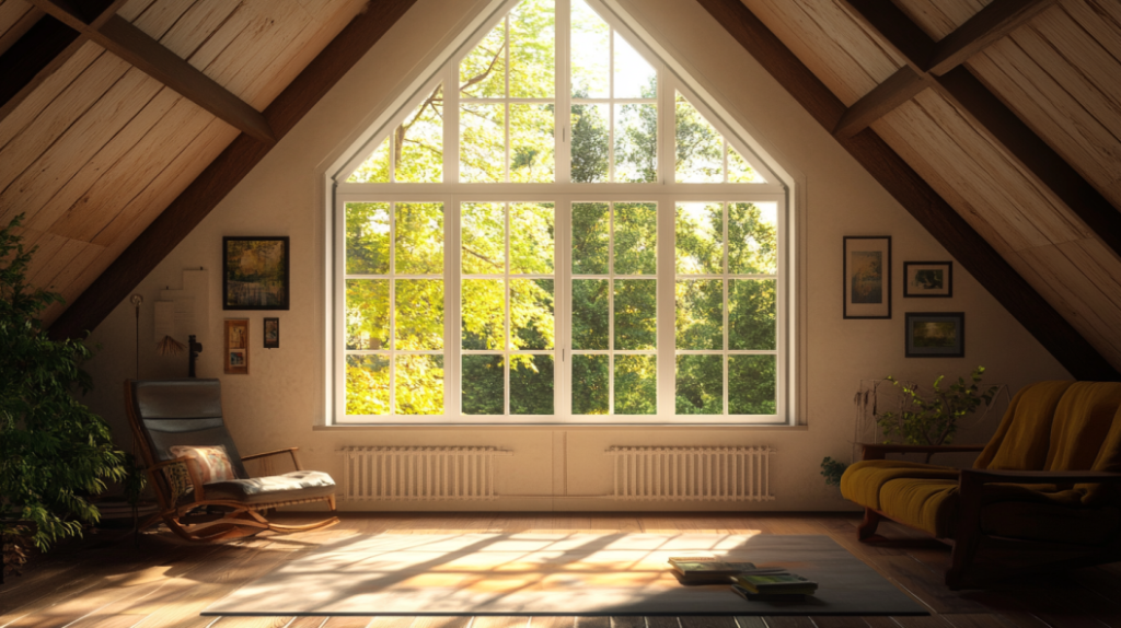 A spacious triangular gable window inviting abundant sunlight into a cozy living area with wooden beams and warm decor.