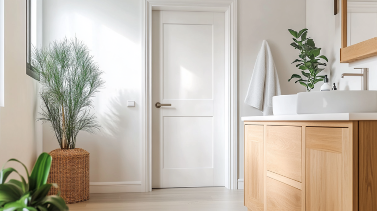 White panel door in a modern bathroom with natural light and greenery.