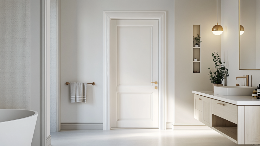 White panel door in a luxury bathroom with elegant detailing.