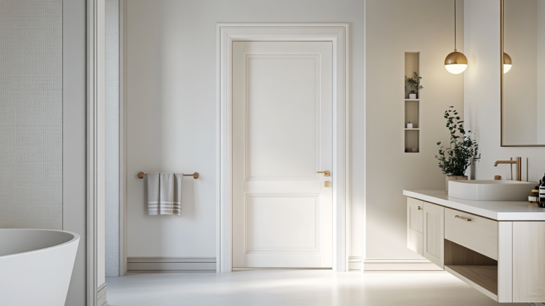 White panel door in a luxury bathroom with elegant detailing.