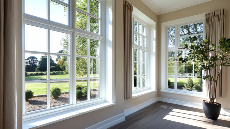 Bright triple-glazed windows with white frames, offering a scenic view of a green lawn and garden.