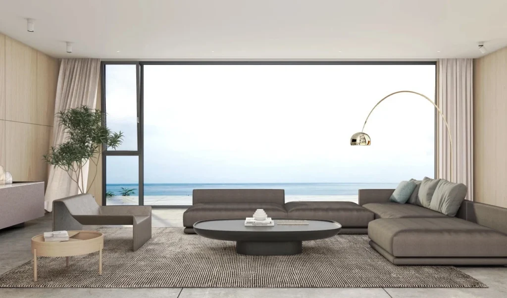 large aluminum fixed window in the livingroom